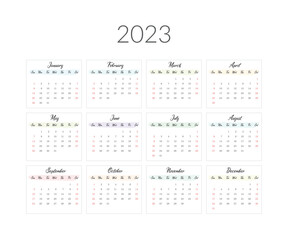 2023 year calendar template. Vector illustration