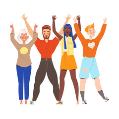 Fototapeta premium Happy and Rejoicing Group of People Characters Cheering Raising Hands Up Vector Illustration