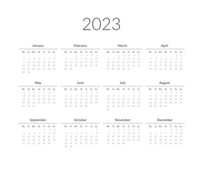 2023 year calendar template. Vector illustration