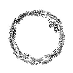 Simple black outline vector drawing. Christmas wreath, round frame of coniferous branches and cones. For New Year's design, labels, postcards. Ink sketch.