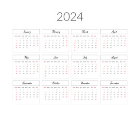 2024 year calendar template. Vector illustration