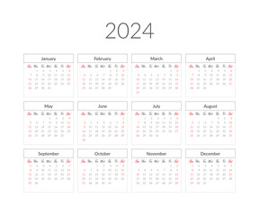 2024 year calendar template. Vector illustration