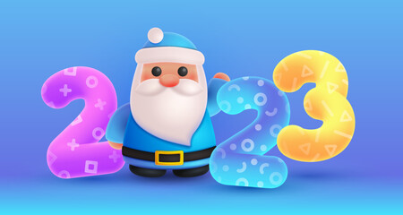 Christmas Santa Claus and purple, yellow, blue numbers 2023 look like 3d rendering in blue background. Happy New Year illustration for postcard, banner, decor, design, arts.