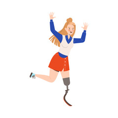 Happy and Rejoicing Woman Character with Artificial Limb Cheering Raising Hands Up Vector Illustration