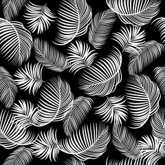 Tropical leaves seamless pattern. Black and white