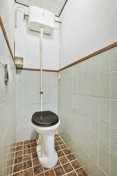Bathroom with white ceramic tiled walls and toilet bowl