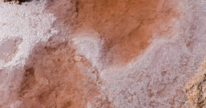 Closeup detailed shot of unrefined salt in Salt lake in Tunisia Chott el Djerid red color of water from the salt minerals. Largest salt lake in the Sahara Desert.