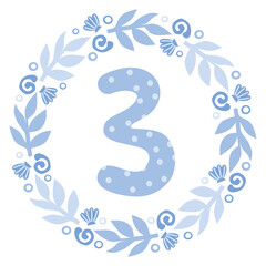 Vector milestone stickers with flowers and number 3. Monthly baby boy label. First year baby age sticker.