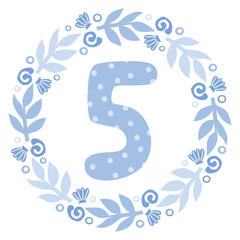 Vector milestone stickers with flowers and number 5. Monthly baby boy label. First year baby age sticker.