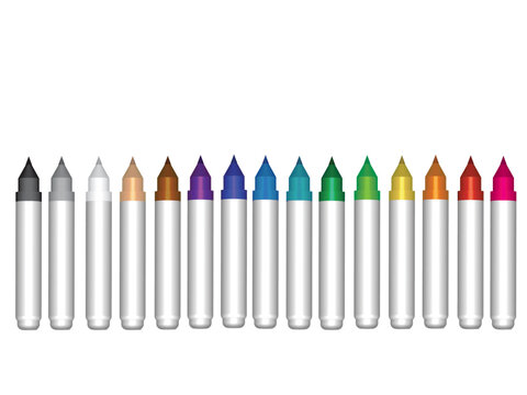 Set of realistic 3D marker pens for school or office.Mockup of a stationary.Highlighters or pencils isolated.Back to school concept.Colorful and multicolored pencils.Vector illustration.