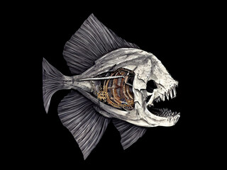 Mechanical steampunk fish skeleton. Digital illustration. Isolated on black background.