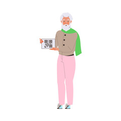 Senior Bearded Man Showing QR Code on His Tablet PC Vector Illustration