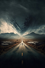 person standing on a long road into the distance, misty dark landscape, midjourney illustration