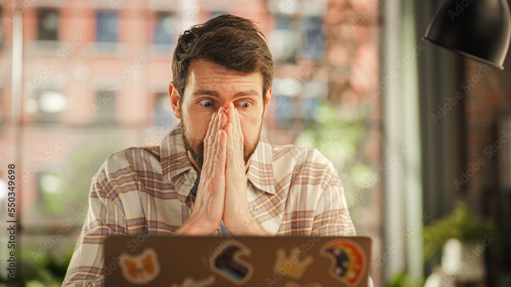 Poster Stressed Worried Man Working from Home, Trying to Fix an Unsuccessful Project Plan Issue. Exhausted Manager Using Laptop Computer in Living Room. Specialist Received Problematic News.