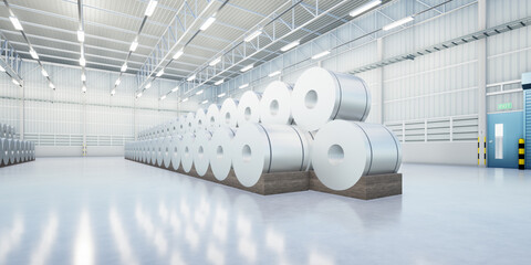 3d rendering of roll steel, stainless steel or galvanized steel coil inside factory, store or warehouse building. Industrial product manufacturing or production from hot cold process for construction. - obrazy, fototapety, plakaty