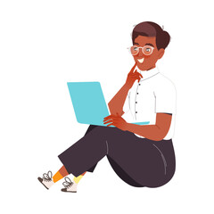 Fototapeta na wymiar Man Character in Glasses Sitting with Laptop on His Knees Working with Text Vector Illustration