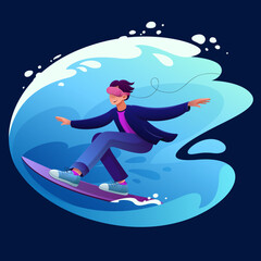The guy in vr glasses is surfing. Concept of digital space and metaverse. Wave on the background. Vector illustration on the theme of digital innovation in a modern cartoon style.