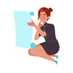 Woman Character Sitting with Paper Scroll Working with Text Vector Illustration