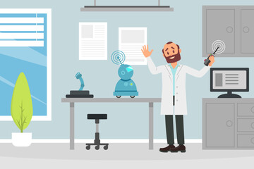 Professional man scientists programming robot in laboratory. Artificial intelligence science cartoon vector