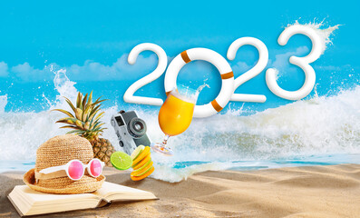 Happy new year 2023. welcome to Happiness beach party and travel summer destination concept.Fun with outdoor activities, splashing wave water and tropical fruit.