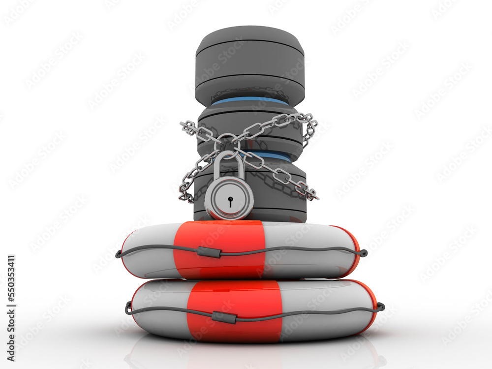 Poster 3d rendering database storage data base protected lock in lifebelt
