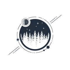 Hand drawn fir trees forest textured vector illustration. Double exposure with planets and comets around. Geometric style.
