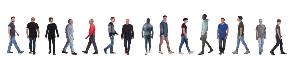 line of front,side and back view large group of man with jeans walking  on white background