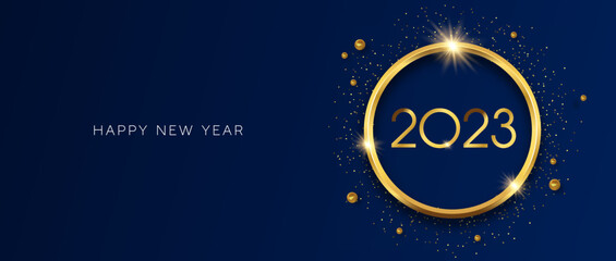 Happy New year 2023 gold 3d glitter ring blue banner illustration