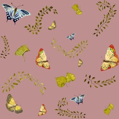 Nature butterfly leave pink pattern a watercolor 