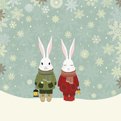 Christmas illustration with  cute cartoon rabbits in snow - 550356866