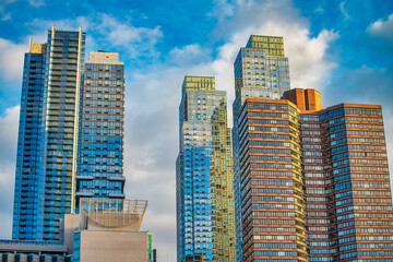 Sunset view of Manhattan skyscrapers from Hudson River in New York City