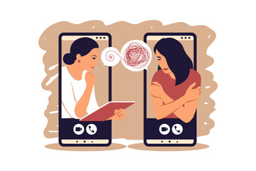 Psychologist online. Psychotherapy practice, help psychiatrist. Concept of support and aid for people under stress and depression over online services. Vector illustration.