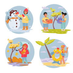 Kids seasonal activity and fun set, flat vector illustration isolated on white background. Four seasons of year weather. Children outdoors in spring and summer, autumn and winter month.