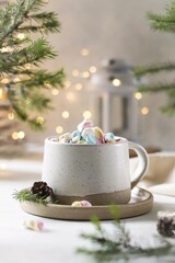 A cup of cocoa with marshmallow and cinnamon stands on a white table, christmas background, bokeh