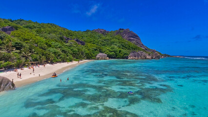 Fototapeta premium Aerial view of Anse Source Argent Beach in La Digue, Seychelles Islands - Africa
