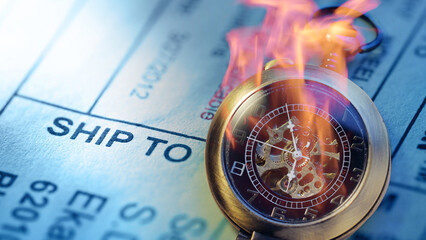 Burning pocket watch on post envelope label
