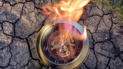 Burning pocket watch on dry cracked soil