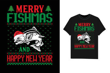 Merry Fishmas And Happy New Year fishing Christmas Tshirt vector
