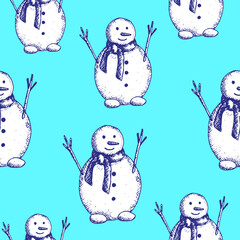 Endless winter background with smiling snowmen. Snowman duplicates in different sizes, hand drawn vector drawing in blue color tones. Background for Christmas or New Year