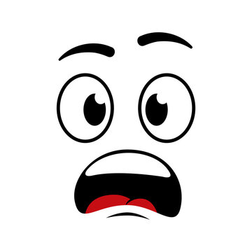 Cartoon frightened face. Emoji of surprise, shock and afraid. Emoticon with open mouth and eyes. Icon of comic character for avatar or person. Design symbol isolated on white background. Vector