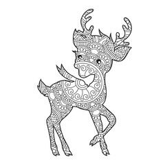 Zentangle reindeer mandala coloring page for adults christmas deer and floral animal coloring book isolated on white background antistress coloring page vector illustration