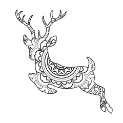 Zentangle reindeer mandala coloring page for adults christmas deer and floral animal coloring book isolated on white background antistress coloring page vector illustration
