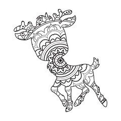 Zentangle reindeer mandala coloring page for adults christmas deer and floral animal coloring book isolated on white background antistress coloring page vector illustration