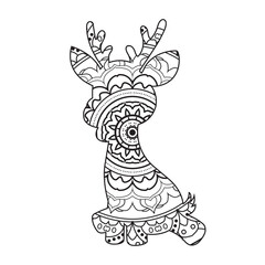Zentangle reindeer mandala coloring page for adults christmas deer and floral animal coloring book isolated on white background antistress coloring page vector illustration