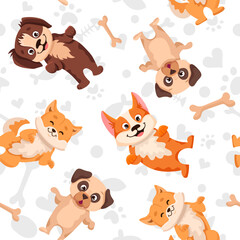 Seamless pattern with cute dogs of different breed. Colorful childish texture with pets for fabric, textile, wrapping paper. Vector cartoon Illustration