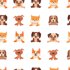 Seamless pattern with cute dogs of different breed. Colorful childish texture with pets for fabric, textile, wrapping paper. Vector cartoon Illustration