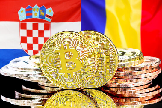 Bitcoins on flag of Croatia and Moldova background. Concept for investors in cryptocurrency and Blockchain technology in Croatia and Moldova