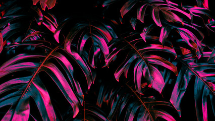 Tropical leaf background, neon glow in the dark color toned