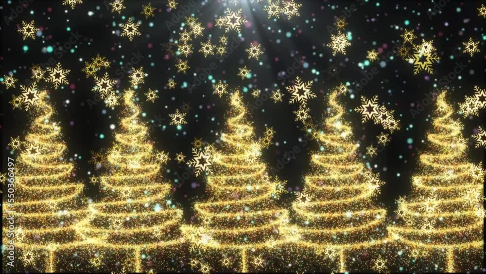 Poster lost's of christmas tree made with particle and snowflake falling with bright light effects on black