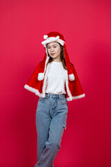 Mockup Image of an Asian Woman Wearing White Blank Shirt With Christmas Outer on a Red Background